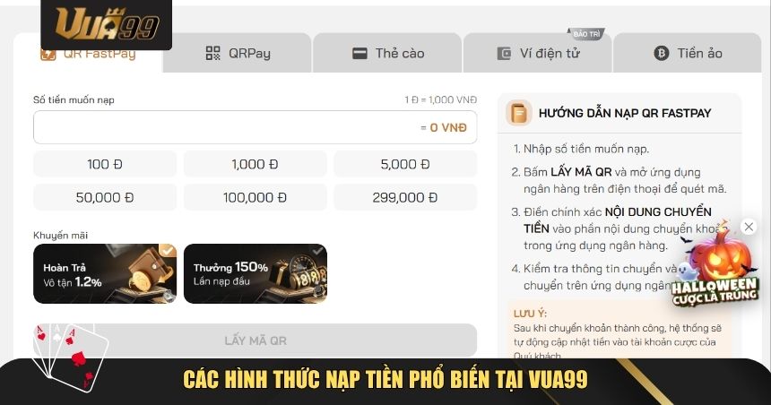 Các hình thức nạp tiền phổ biến tại VUA99