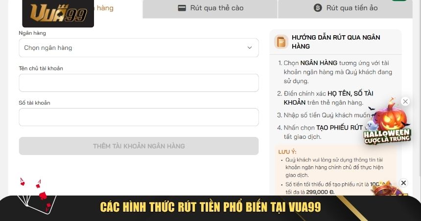 Các hình thức rút tiền phổ biến tại VUA99